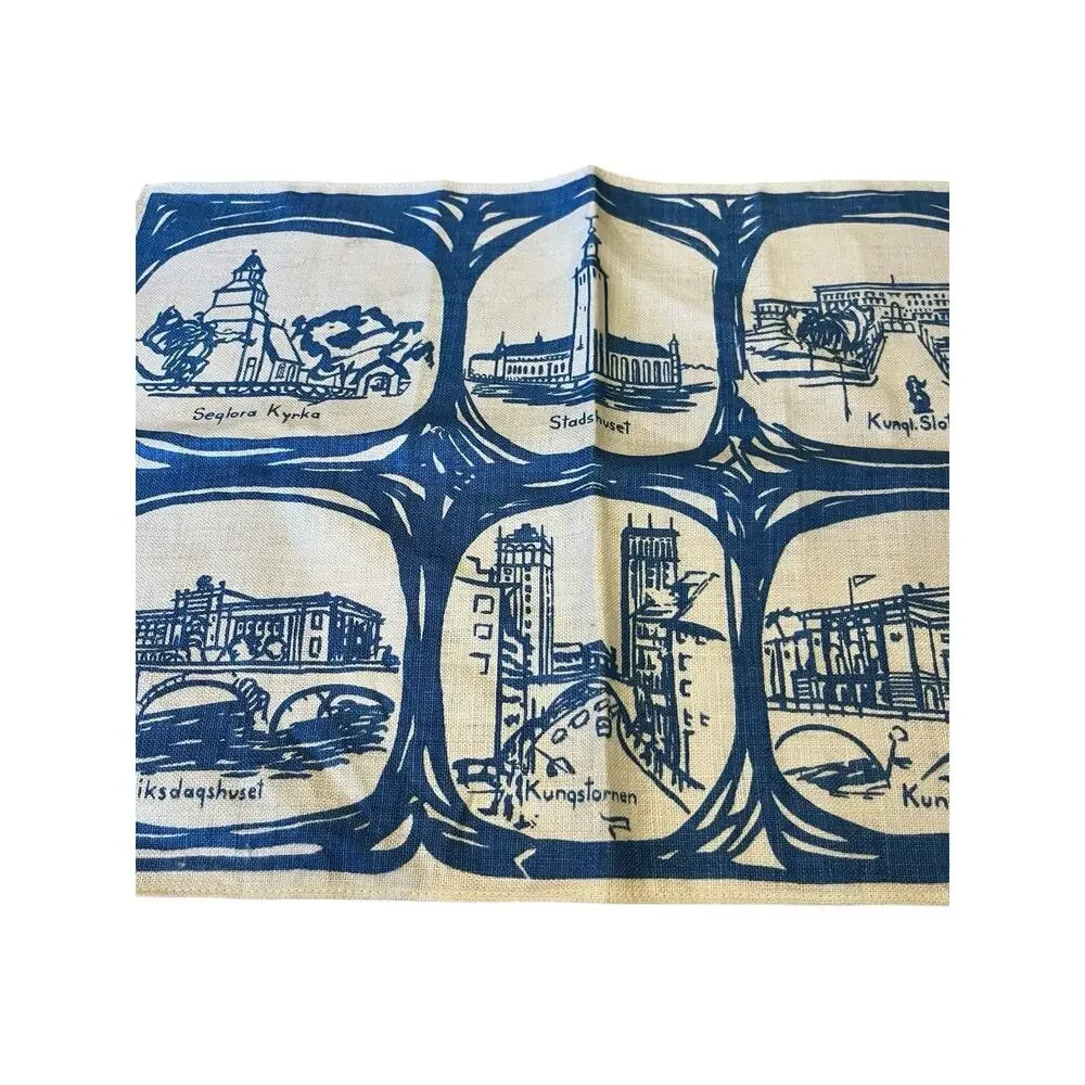 Vtg Swedish Table Linen Placemat Table Topper Buildings Landmarks Blue 13x17”